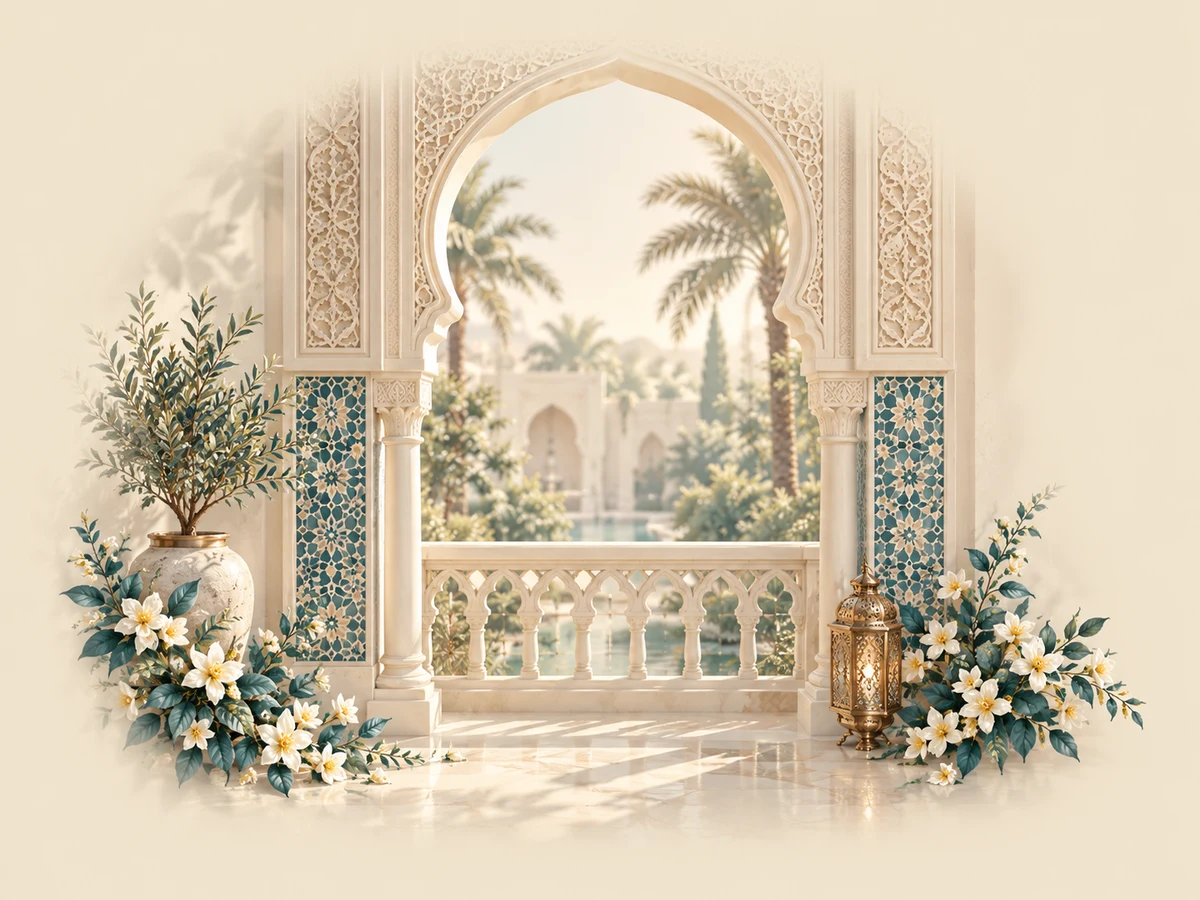 Scène marocaine : arche ivoire, zellige teal et fleurs blanches dans une lumière douce